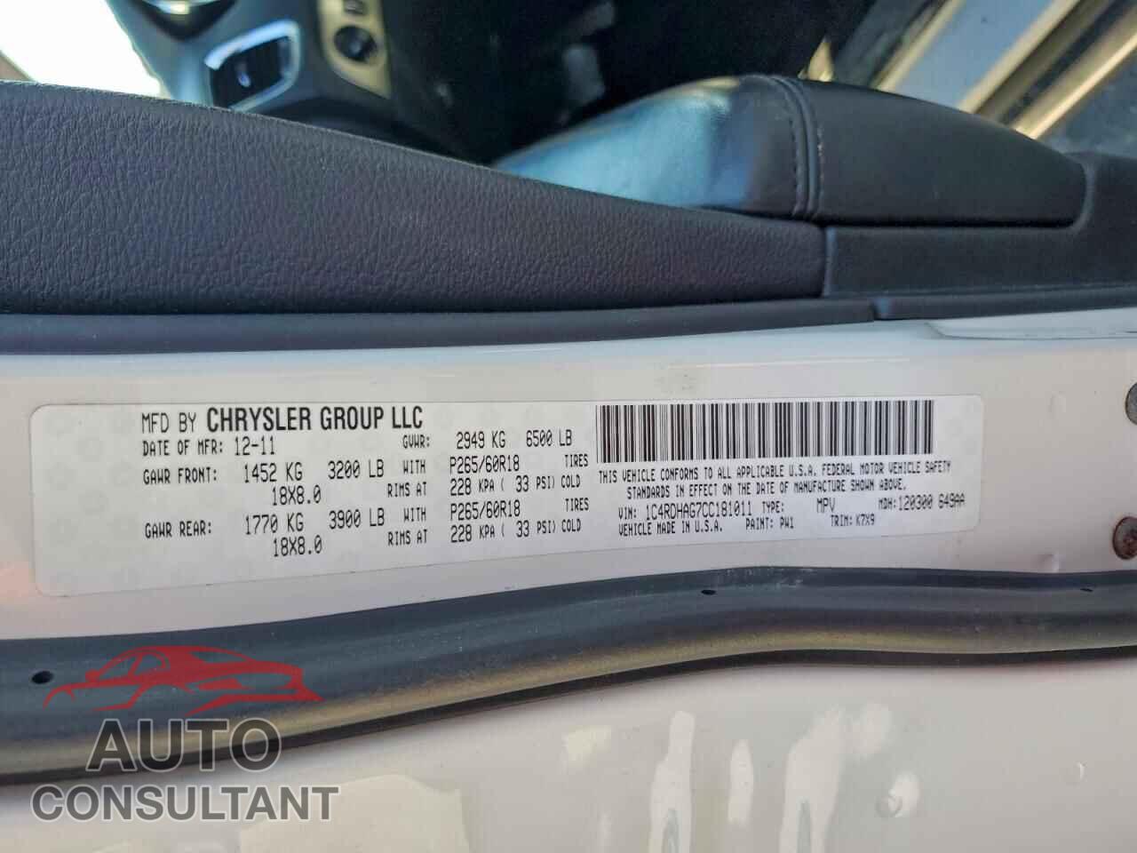 DODGE DURANGO 2012 - 1C4RDHAG7CC181011
