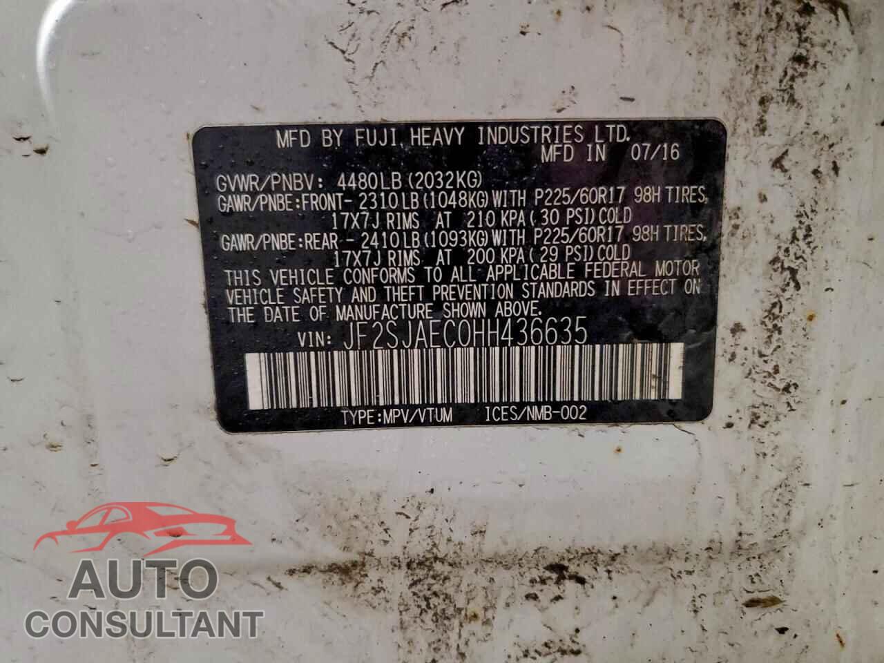 SUBARU FORESTER 2017 - JF2SJAEC0HH436635