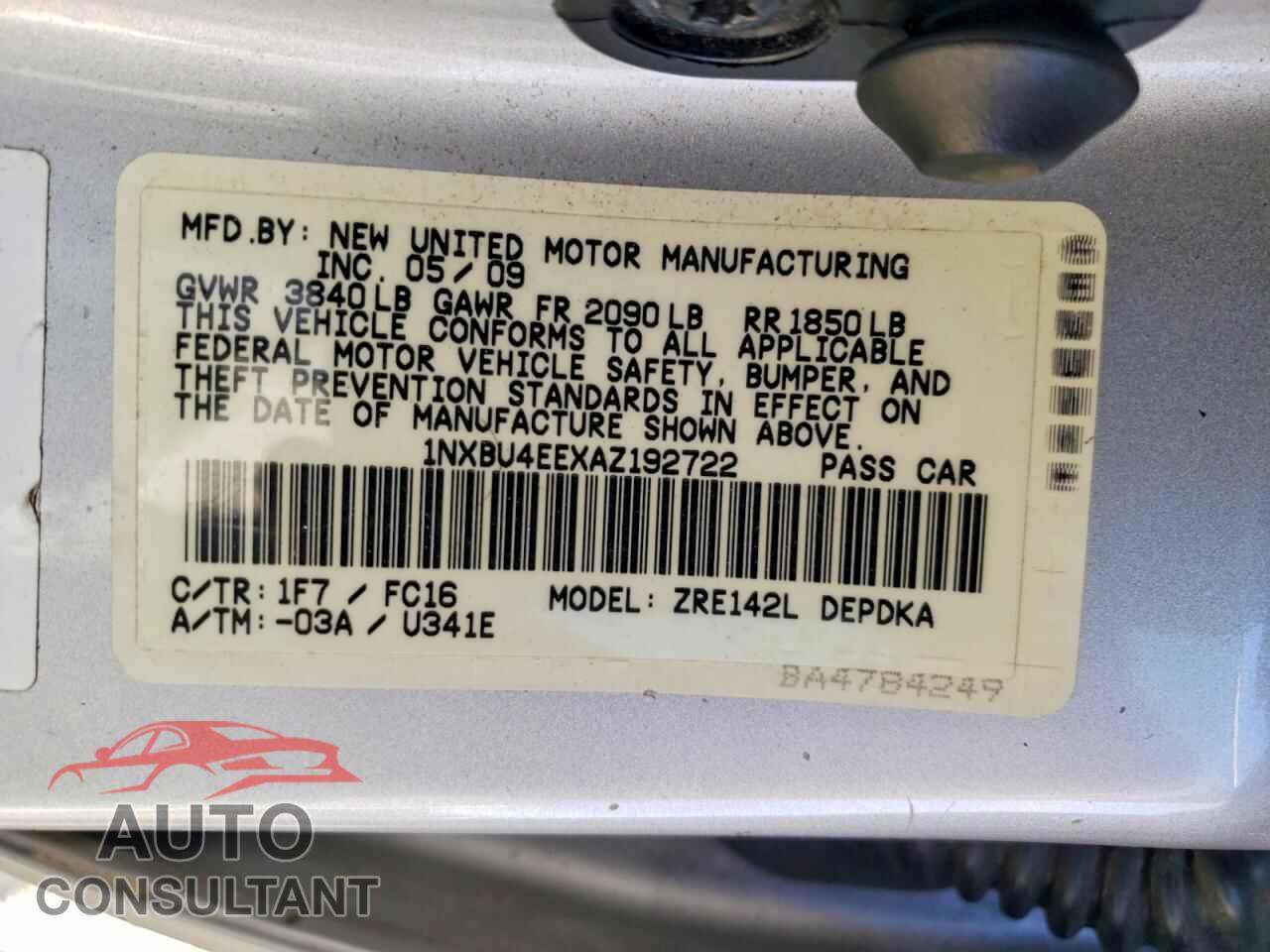 TOYOTA COROLLA 2010 - 1NXBU4EEXAZ192722