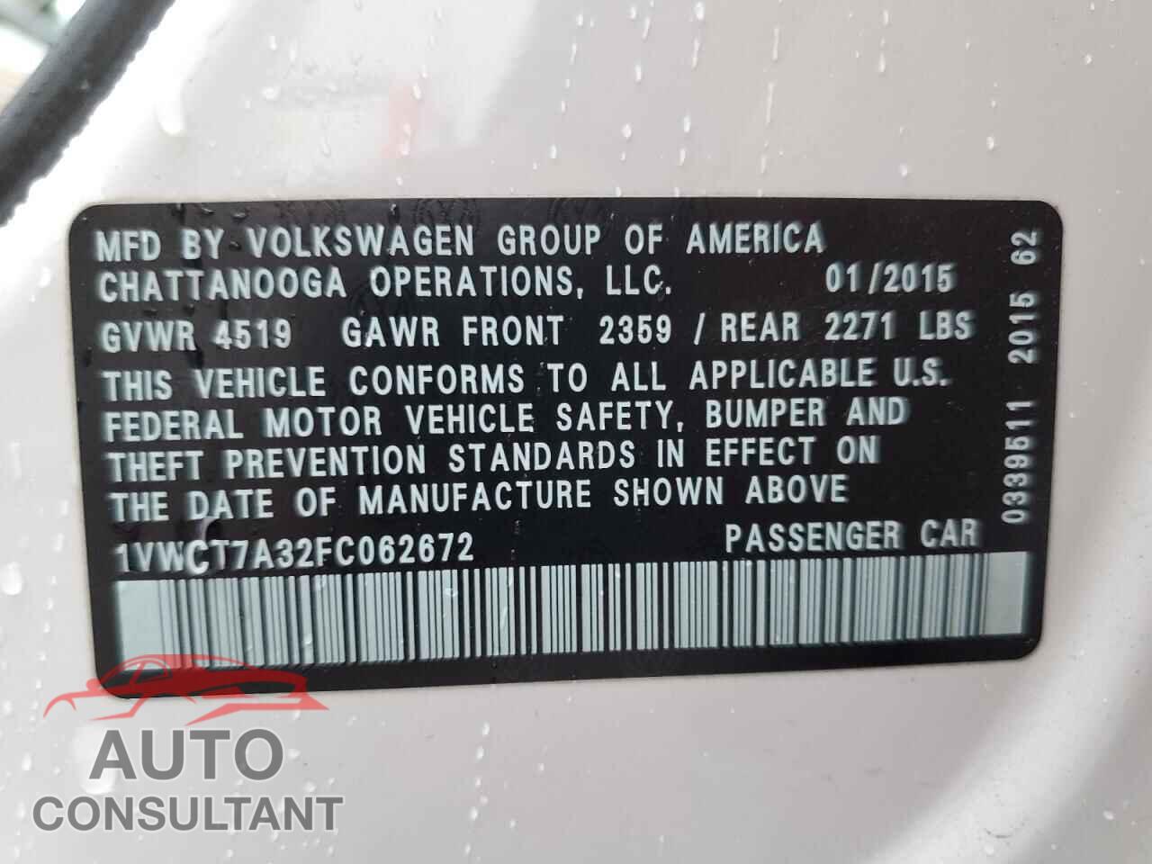 VOLKSWAGEN PASSAT 2015 - 1VWCT7A32FC062672