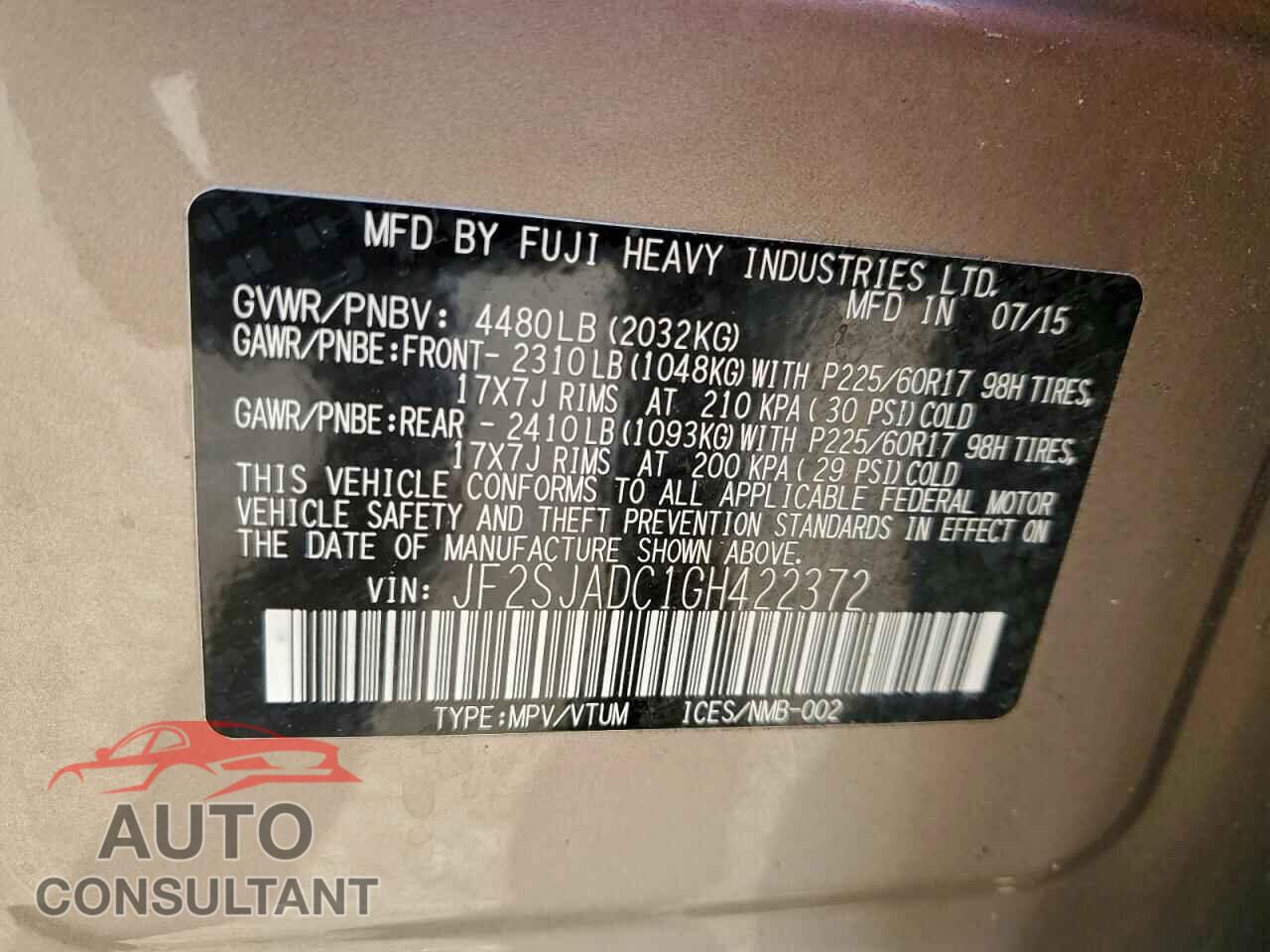 SUBARU FORESTER 2016 - JF2SJADC1GH422372