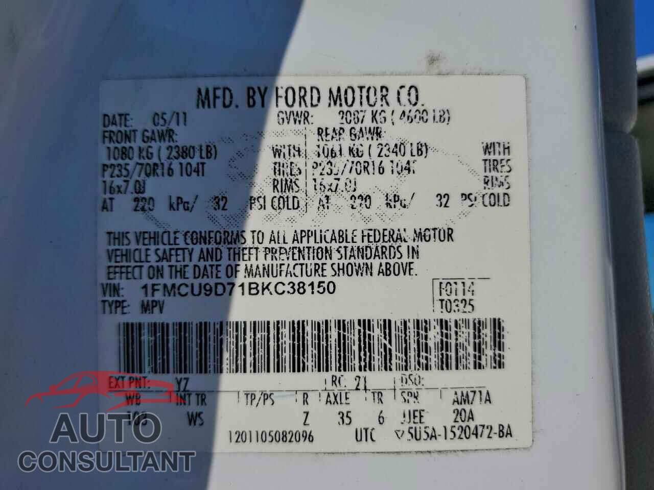 FORD ESCAPE 2011 - 1FMCU9D71BKC38150