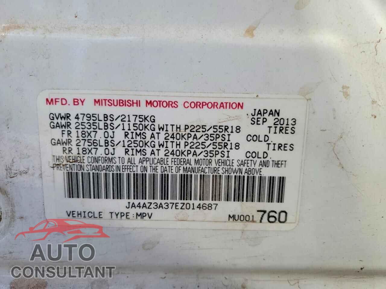 MITSUBISHI OUTLANDER 2014 - JA4AZ3A37EZ014687