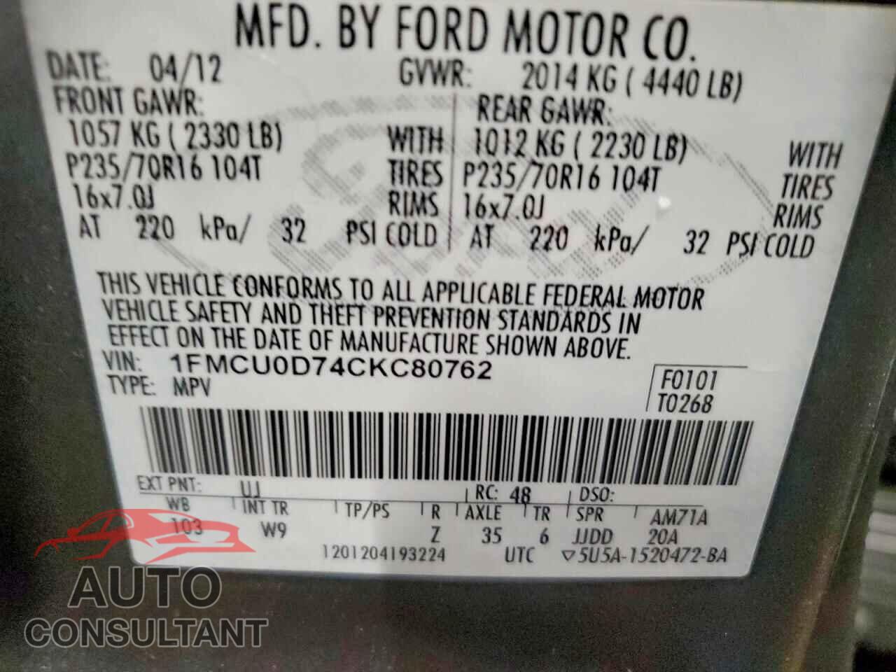 FORD ESCAPE 2012 - 1FMCU0D74CKC80762