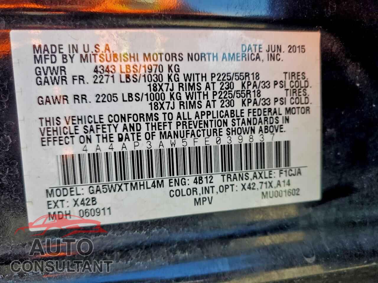 MITSUBISHI OUTLANDER 2015 - 4A4AP3AW5FE039837