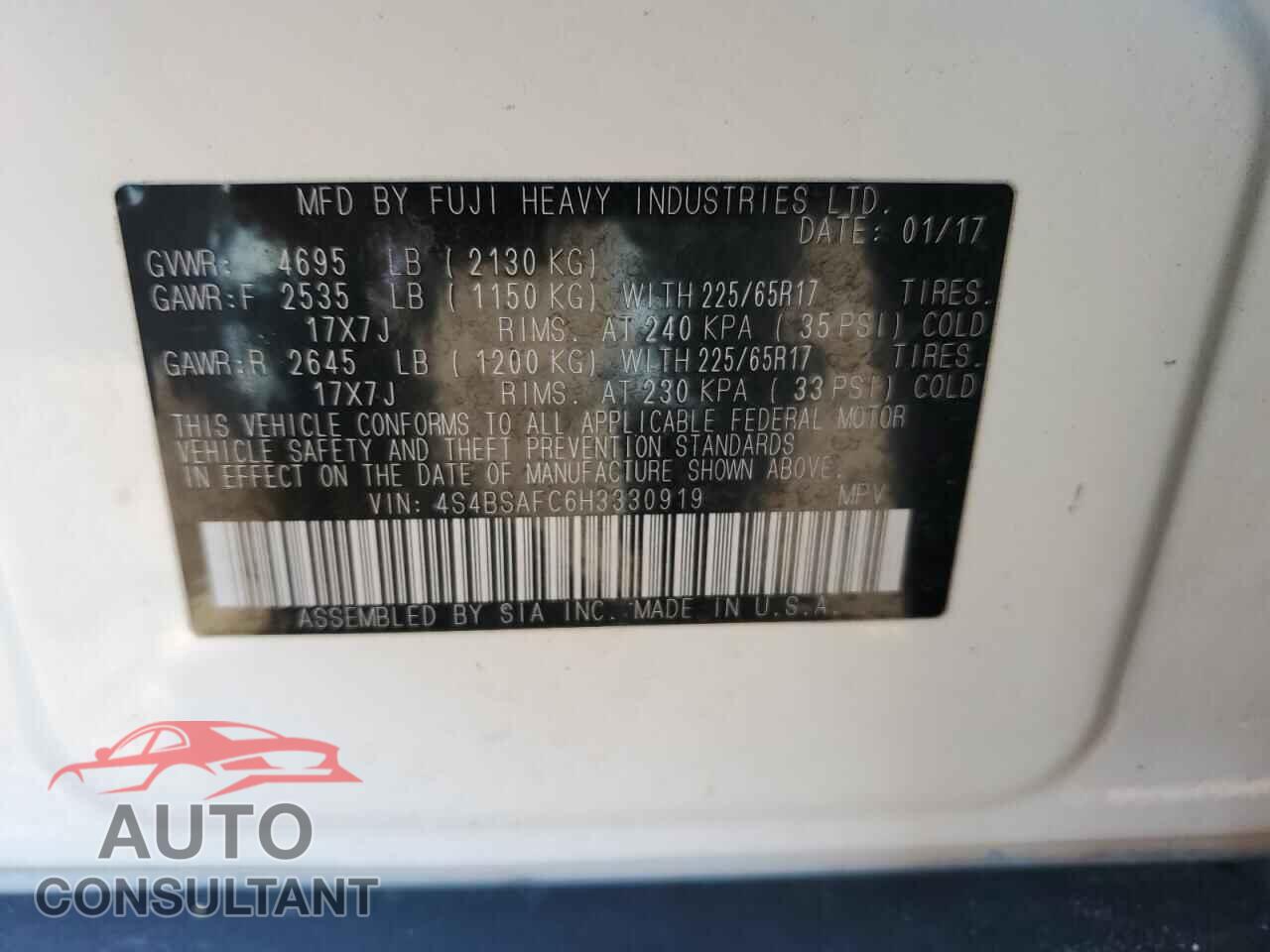 SUBARU OUTBACK 2017 - 4S4BSAFC6H3330919
