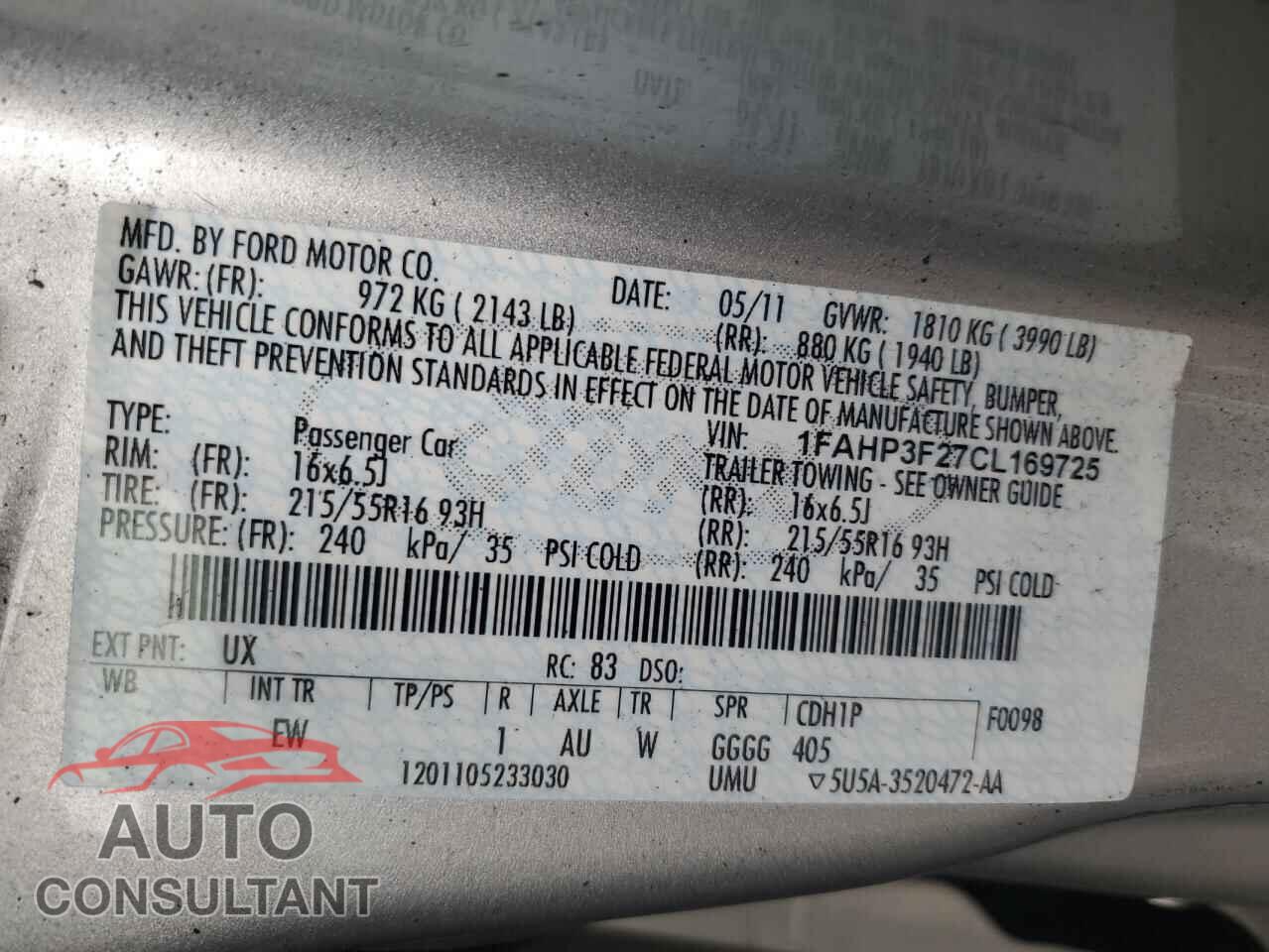 FORD FOCUS 2012 - 1FAHP3F27CL169725