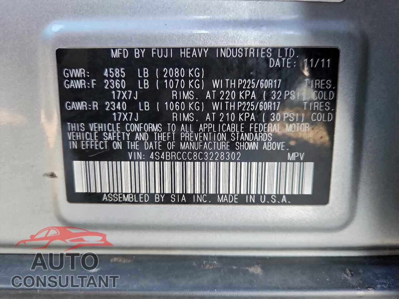 SUBARU OUTBACK 2012 - 4S4BRCCC8C3228302