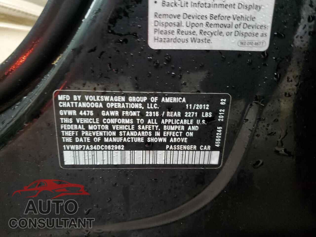 VOLKSWAGEN PASSAT 2013 - 1VWBP7A34DC062962