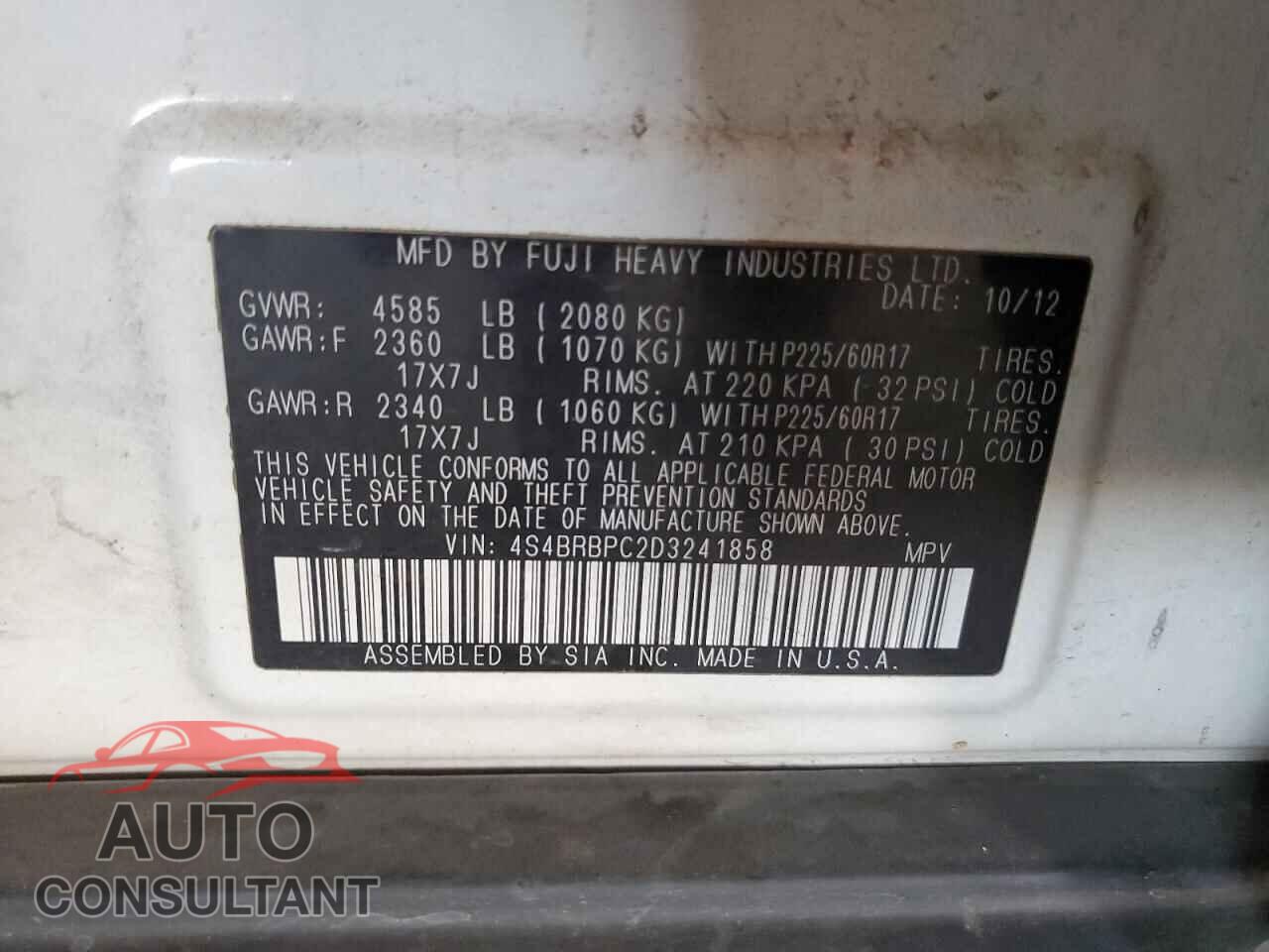 SUBARU OUTBACK 2013 - 4S4BRBPC2D3241858
