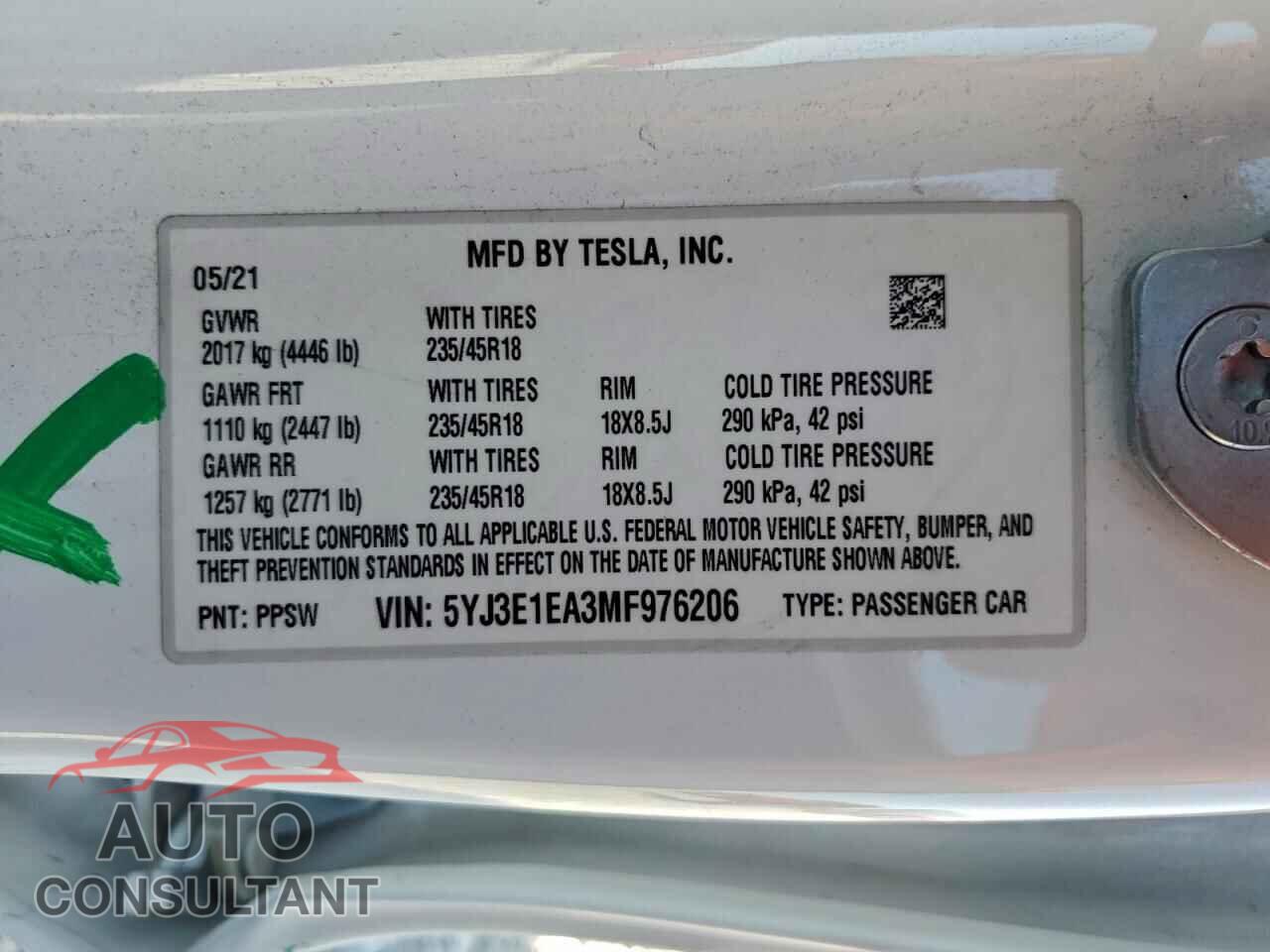 TESLA MODEL 3 2021 - 5YJ3E1EA3MF976206