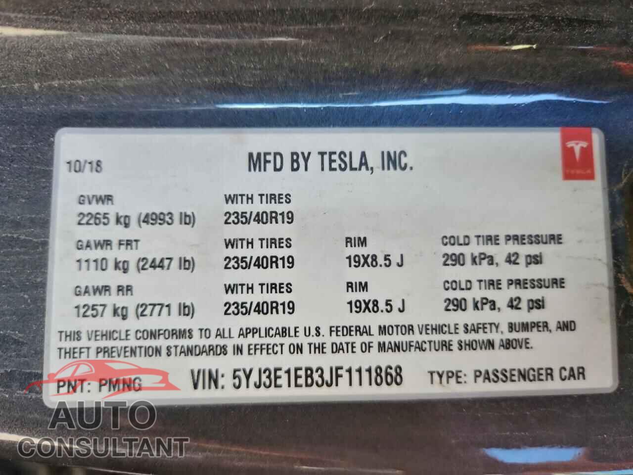 TESLA MODEL 3 2018 - 5YJ3E1EB3JF111868