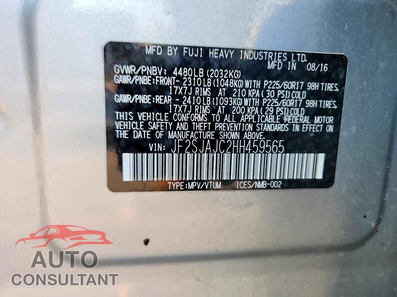 SUBARU FORESTER 2017 - JF2SJAJC2HH459565
