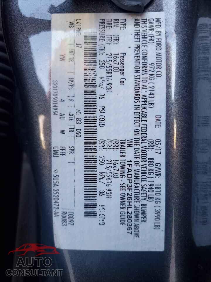 FORD FOCUS 2017 - 1FADP3F26HL280367