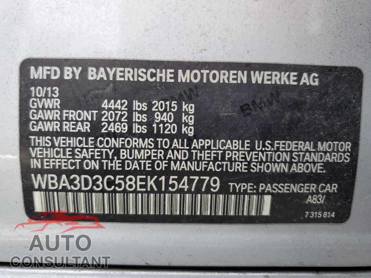 BMW 3 SERIES 2014 - WBA3D3C58EK154779