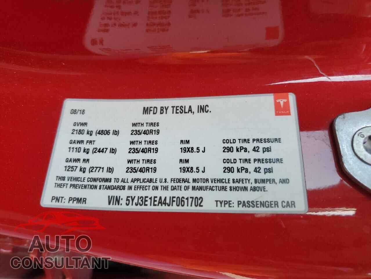 TESLA MODEL 3 2018 - 5YJ3E1EA4JF061702