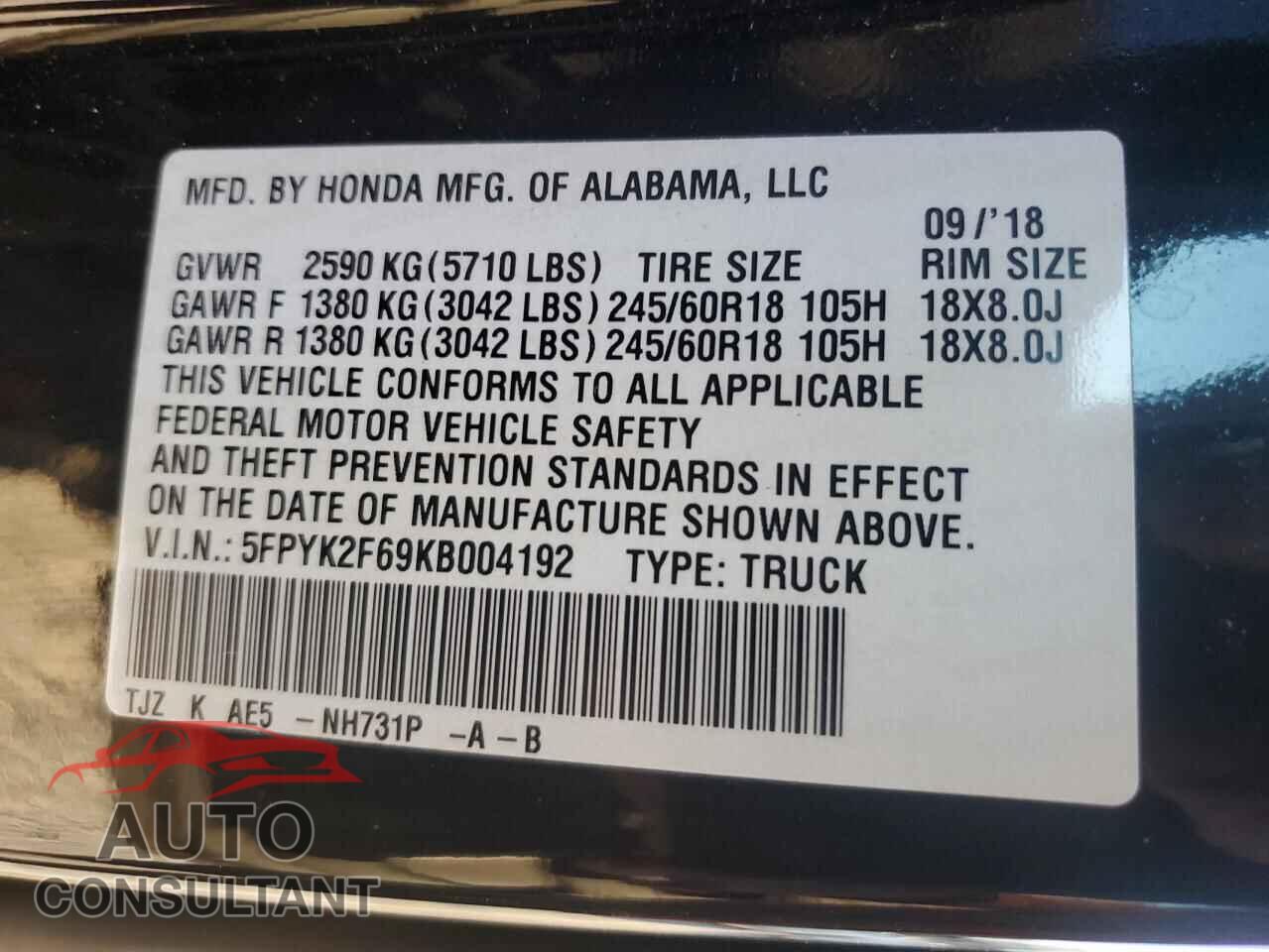 HONDA RIDGELINE 2019 - 5FPYK2F69KB004192