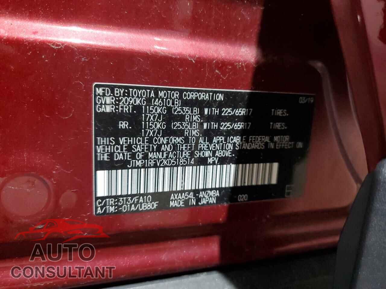 TOYOTA RAV4 2019 - JTMP1RFV2KD518514