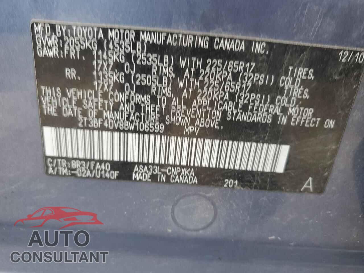 TOYOTA RAV4 2011 - 2T3BF4DV8BW106599