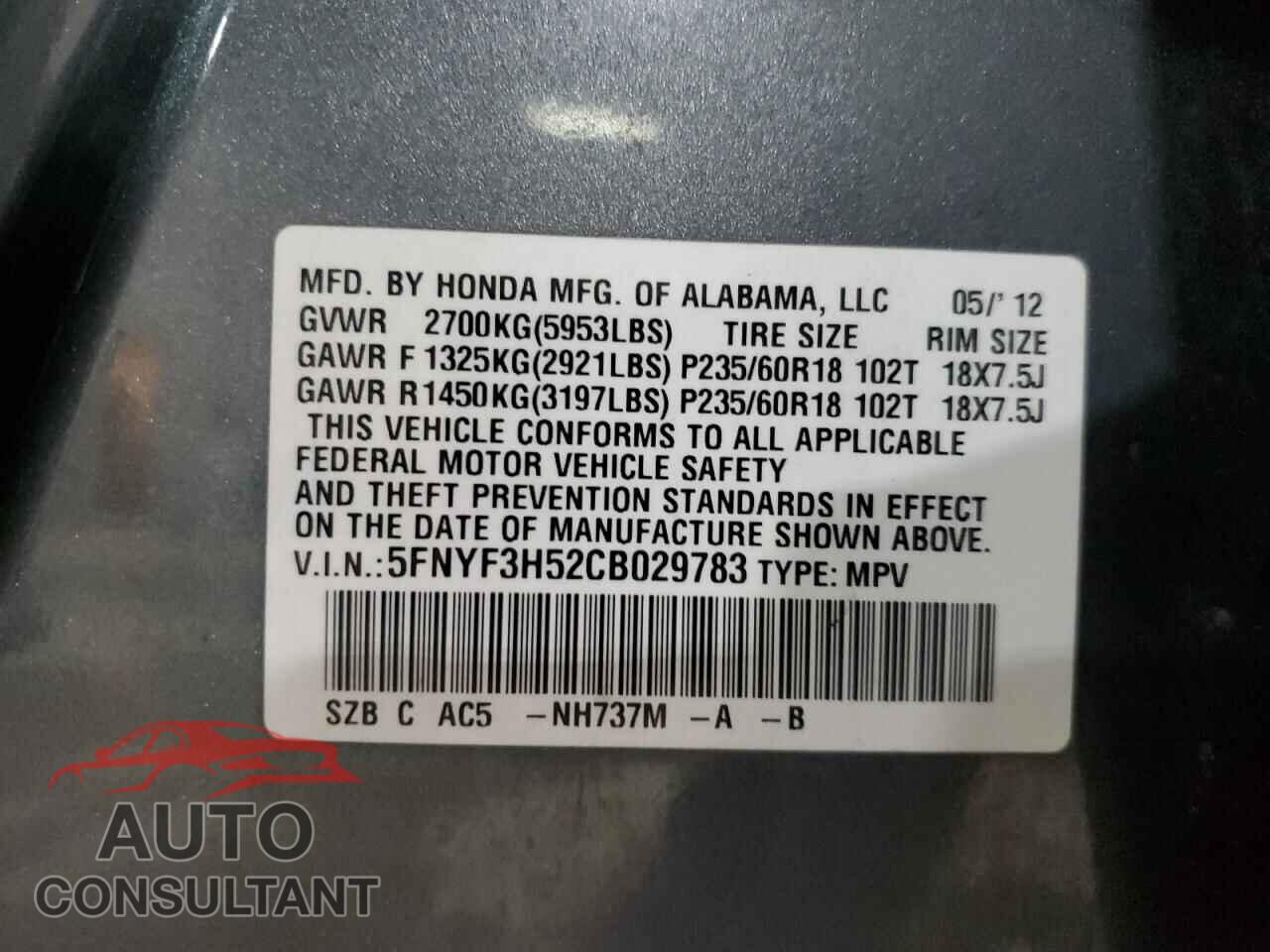HONDA PILOT 2012 - 5FNYF3H52CB029783