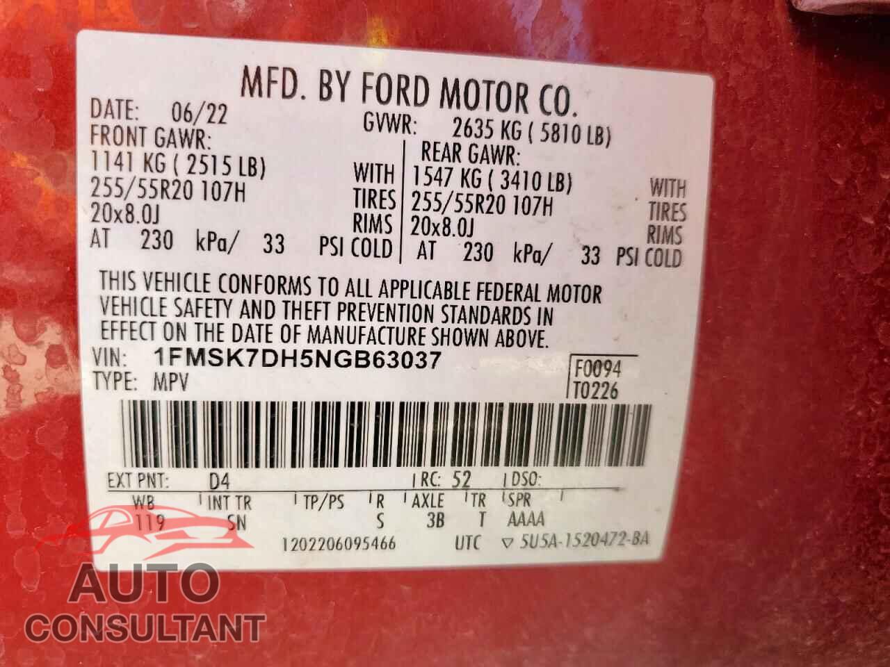FORD EXPLORER 2022 - 1FMSK7DH5NGB63037