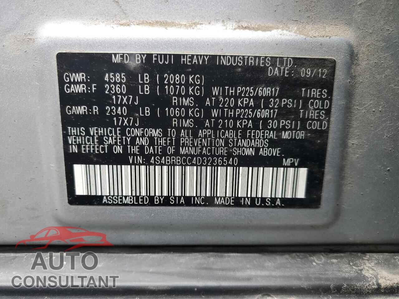 SUBARU OUTBACK 2013 - 4S4BRBCC4D3236540
