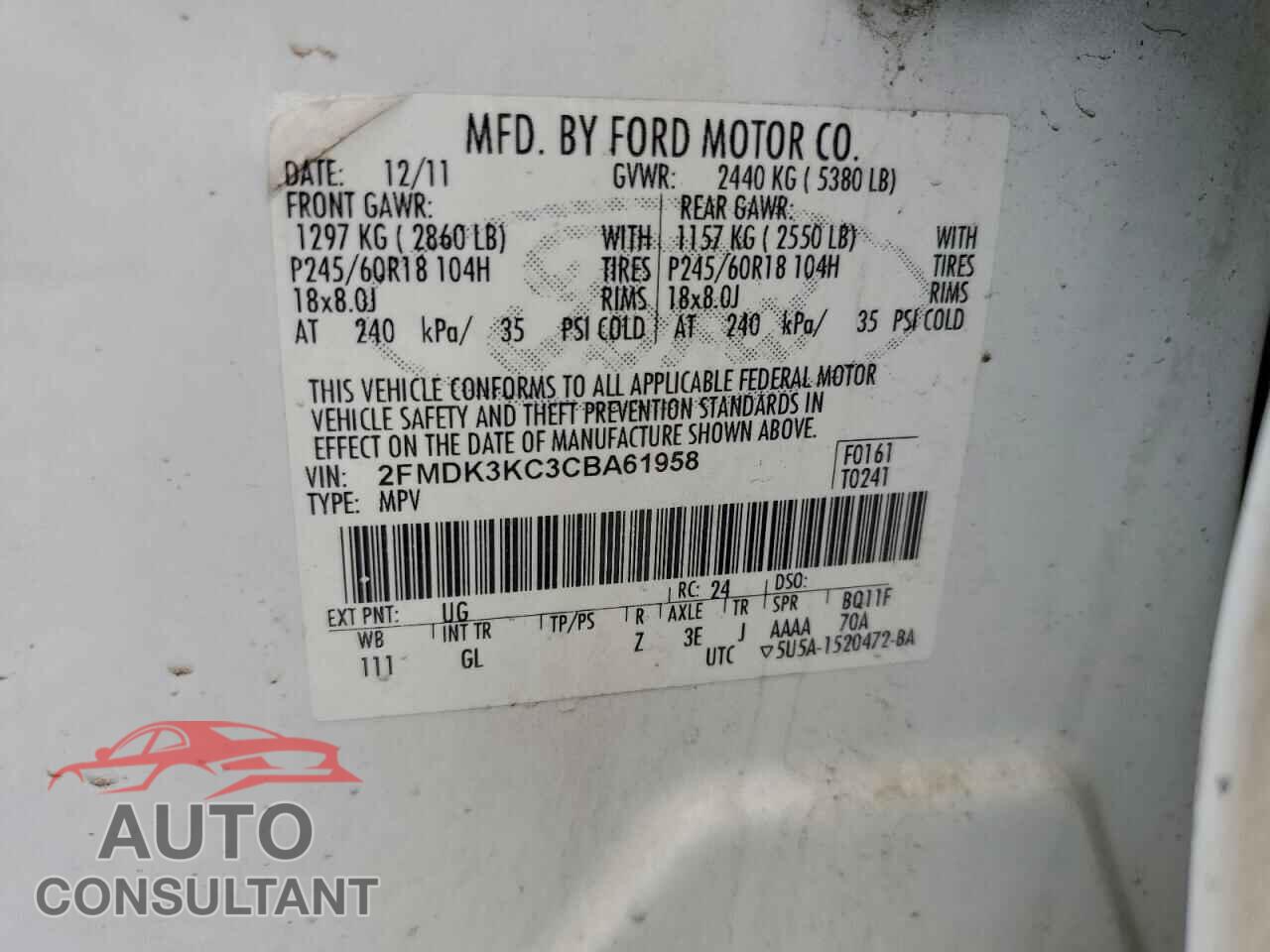 FORD EDGE 2012 - 2FMDK3KC3CBA61958