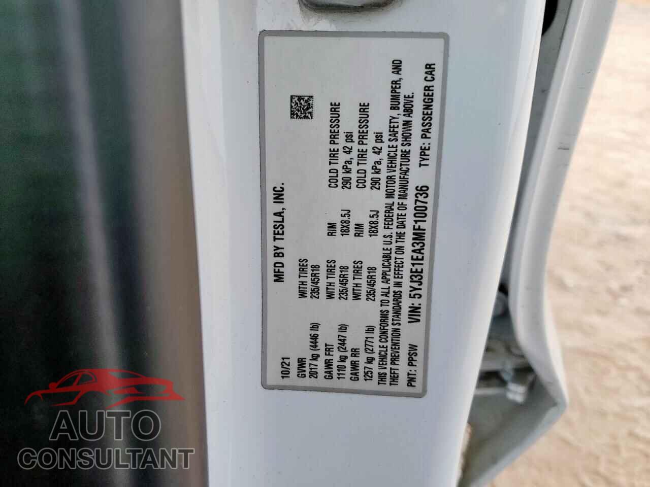 TESLA MODEL 3 2021 - 5YJ3E1EA3MF100736
