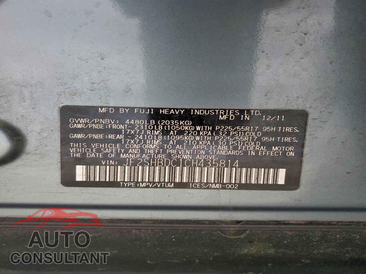 SUBARU FORESTER 2012 - JF2SHBDC1CH435814