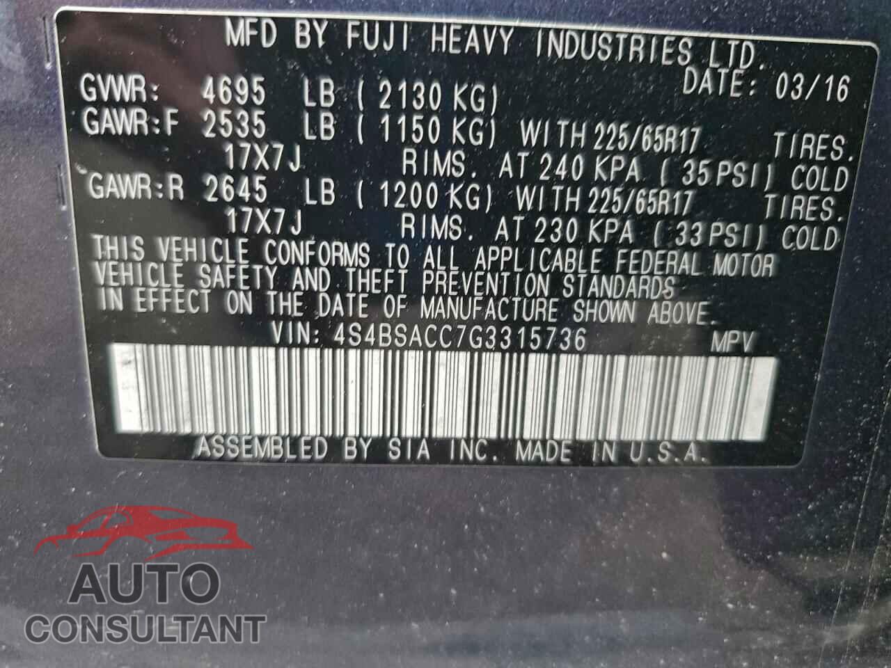 SUBARU OUTBACK 2016 - 4S4BSACC7G3315736