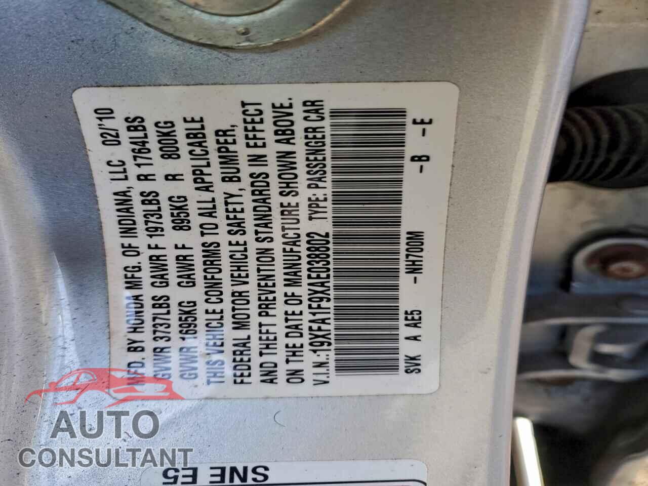 HONDA CIVIC 2010 - 19XFA1F9XAE038802
