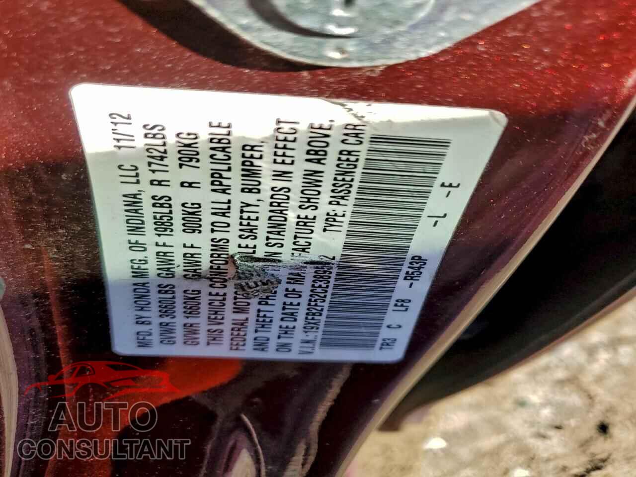 HONDA CIVIC 2012 - 19XFB2F52CE389562