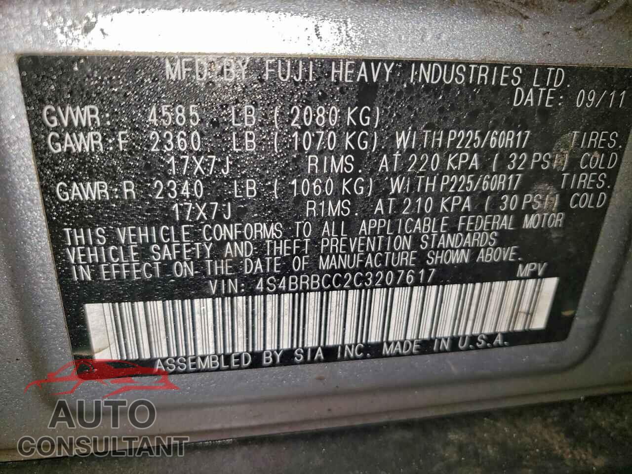 SUBARU OUTBACK 2012 - 4S4BRBCC2C3207617