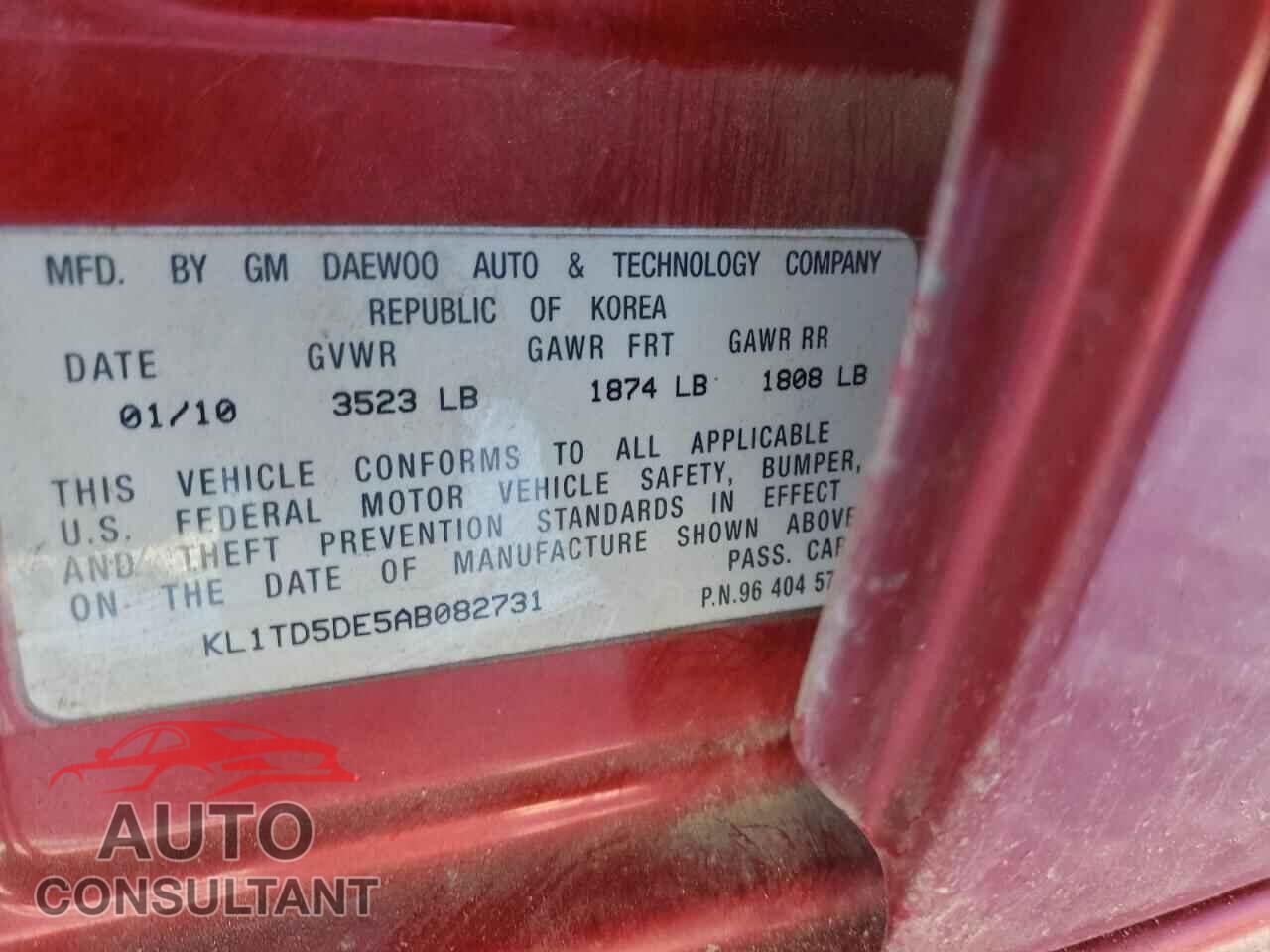 CHEVROLET AVEO 2010 - KL1TD5DE5AB082731