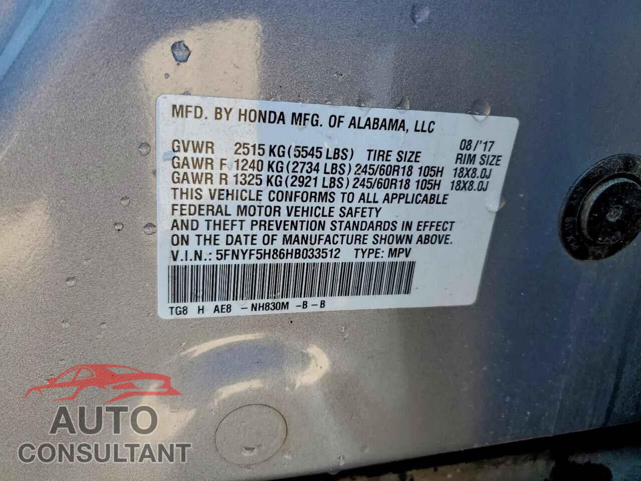 HONDA PILOT 2017 - 5FNYF5H86HB033512