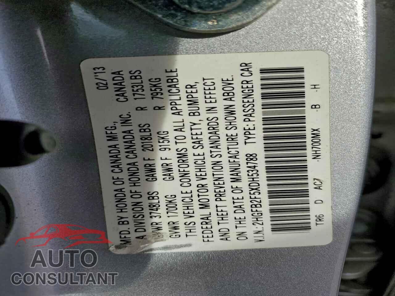 HONDA CIVIC 2013 - 2HGFB2F5XDH534788