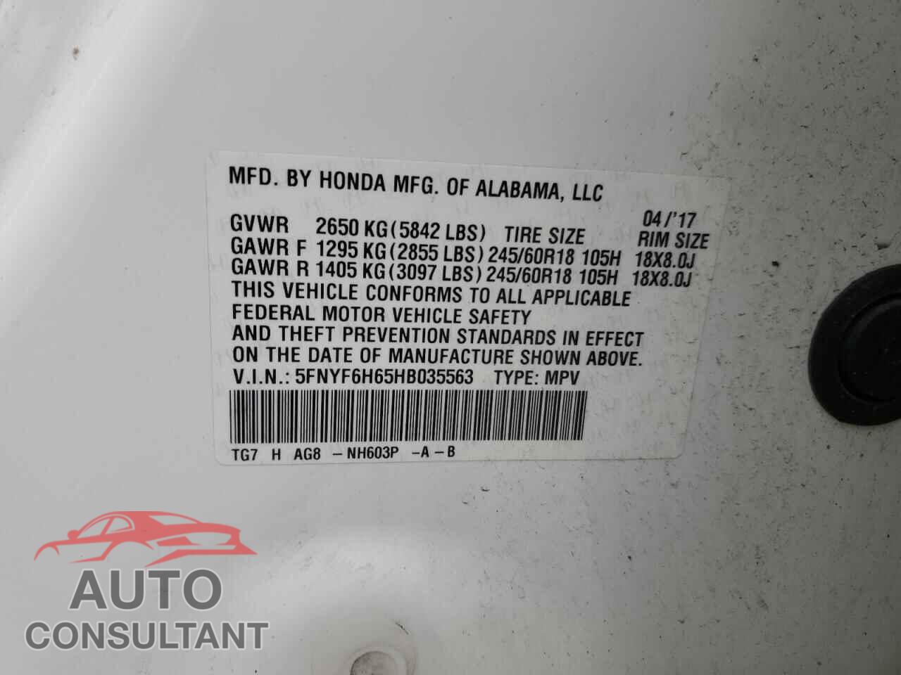 HONDA PILOT 2017 - 5FNYF6H65HB035563