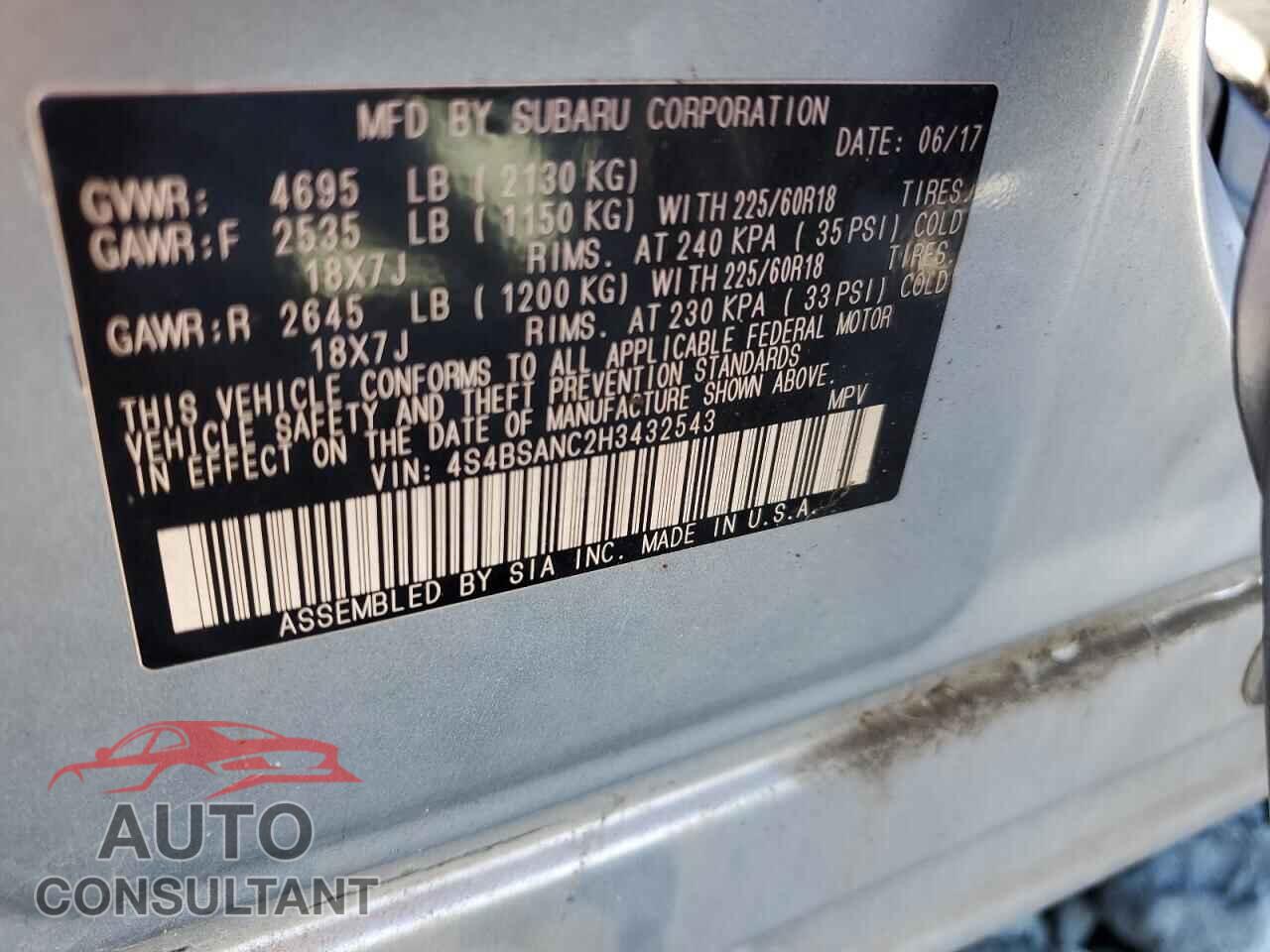 SUBARU OUTBACK 2017 - 4S4BSANC2H3432543