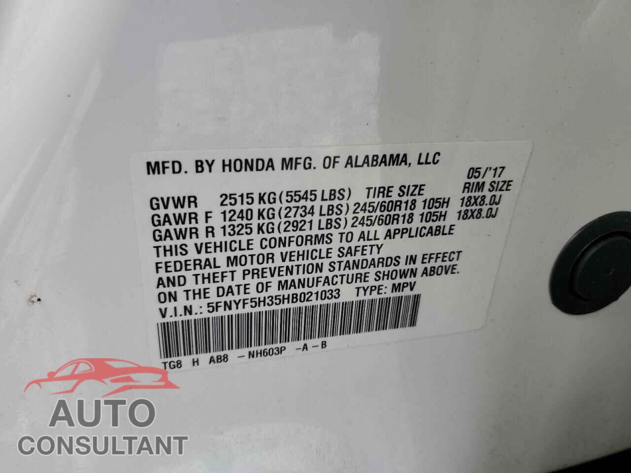 HONDA PILOT 2017 - 5FNYF5H35HB021033