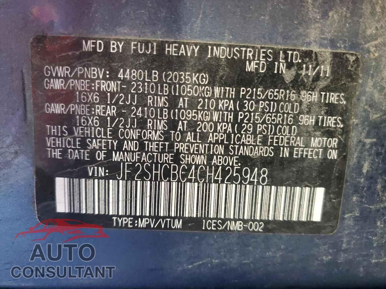 SUBARU FORESTER 2012 - JF2SHCBC4CH425948