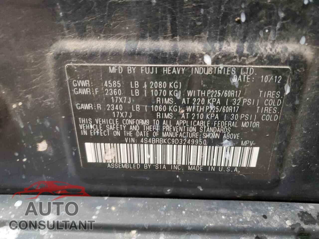 SUBARU OUTBACK 2013 - 4S4BRBKC9D3249950
