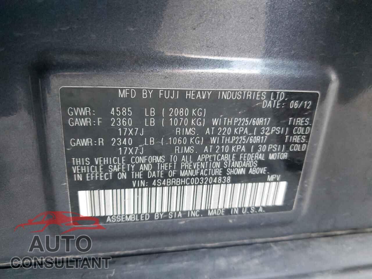 SUBARU OUTBACK 2013 - 4S4BRBHC0D3204838