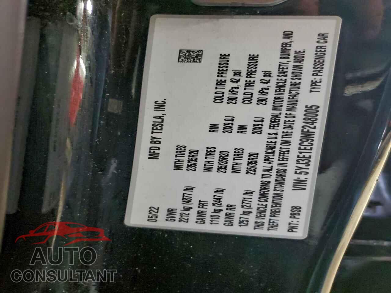TESLA MODEL 3 2022 - 5YJ3E1EC9NF248005