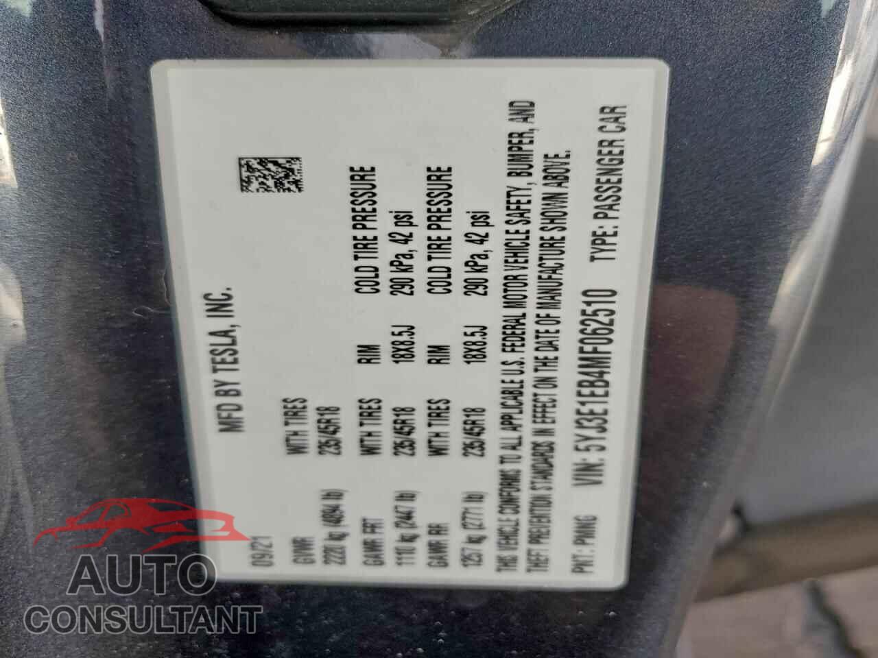 TESLA MODEL 3 2021 - 5YJ3E1EB4MF062510