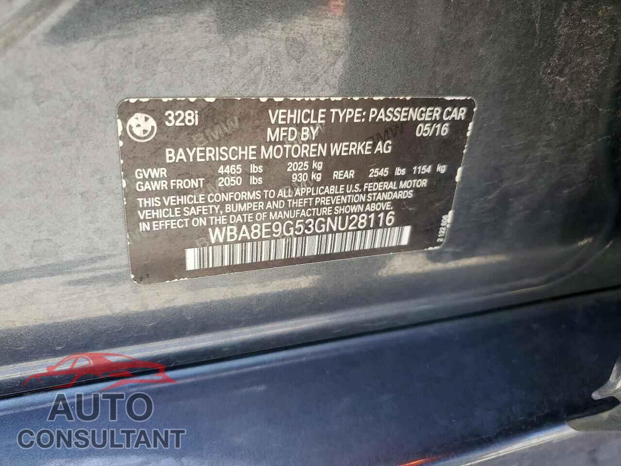 BMW 3 SERIES 2016 - WBA8E9G53GNU28116