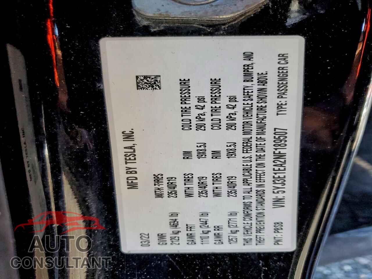 TESLA MODEL 3 2022 - 5YJ3E1EA2NF189507