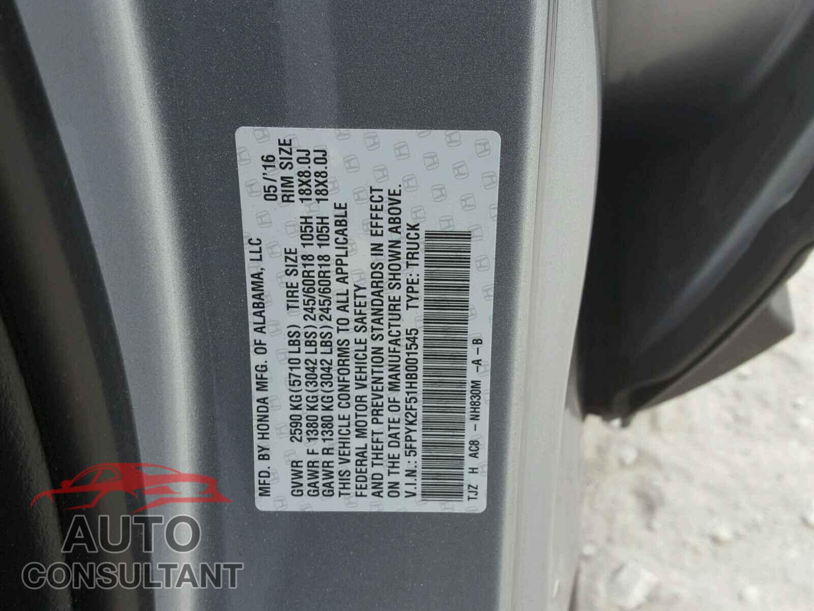 HONDA RIDGELINE 2017 - 5FPYK2F51HB001545