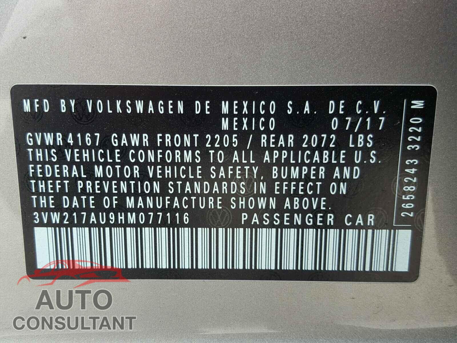 VOLKSWAGEN GOLF 2017 - 3VW217AU9HM077116