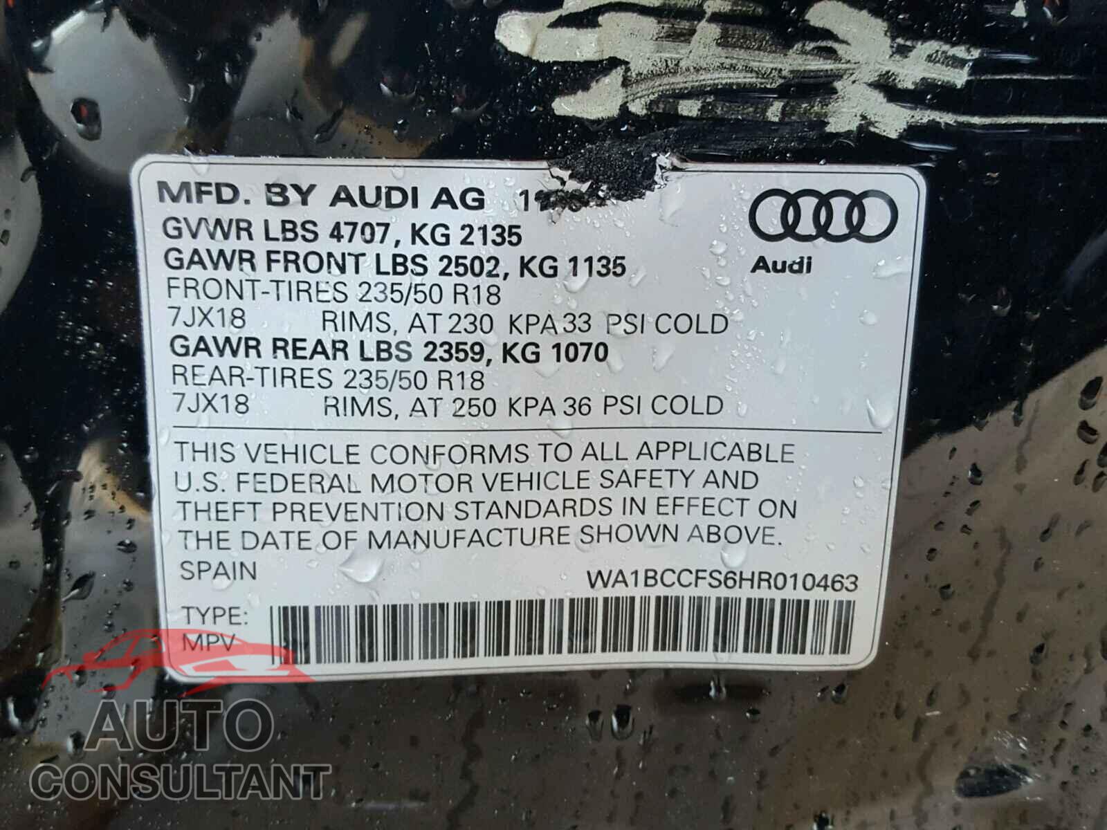 AUDI Q3 2017 - WA1BCCFS6HR010463