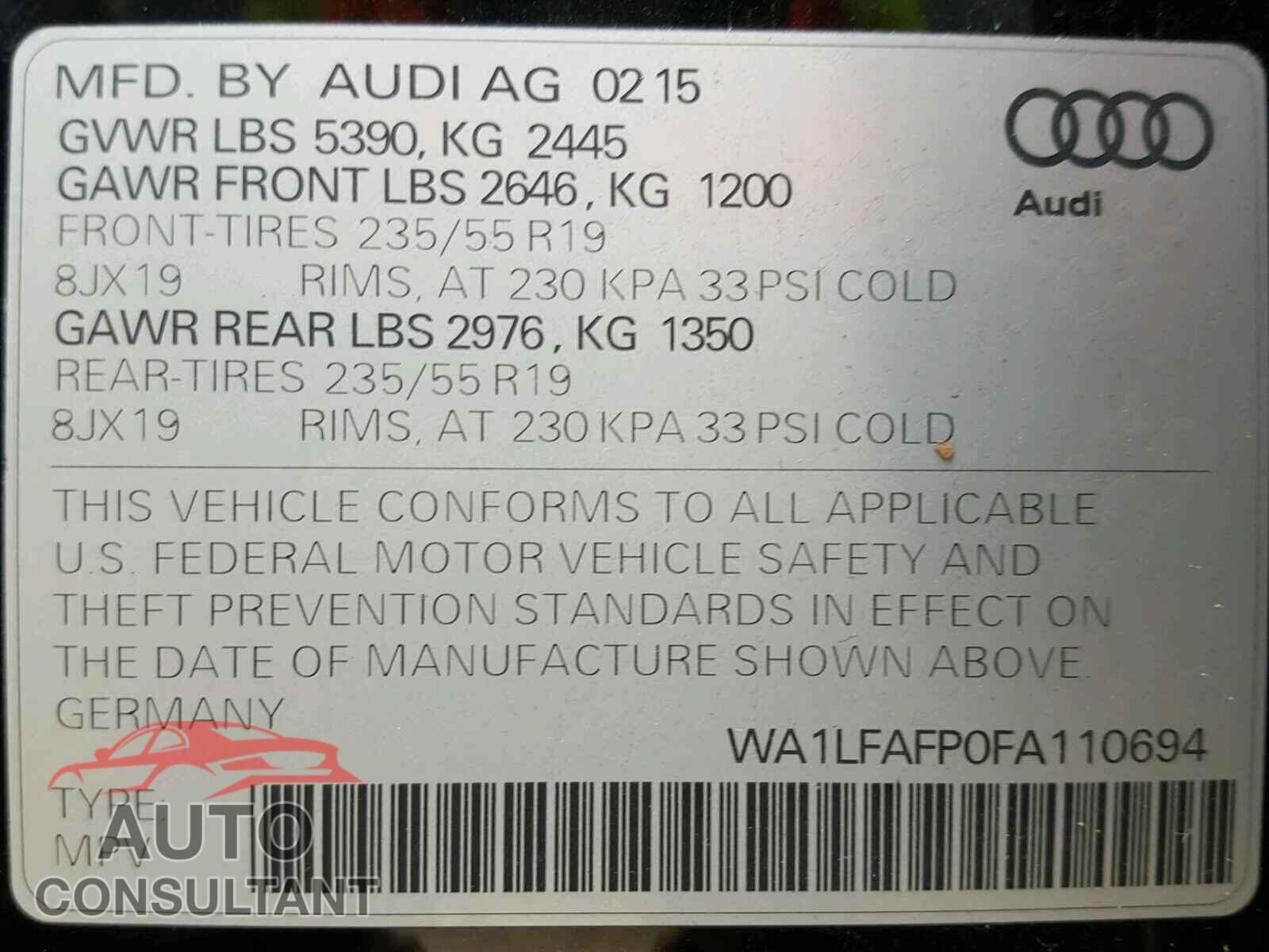 AUDI Q5 2015 - WA1LFAFP0FA110694